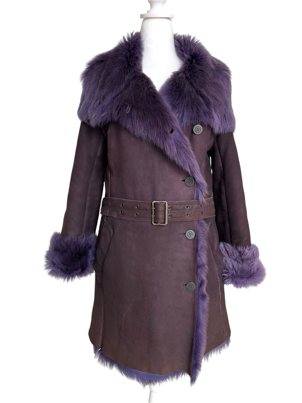 RARE Vintage Vtg Burberry Y2K Purple Fur Trim Shearling Coat Penny Lane Winter 6